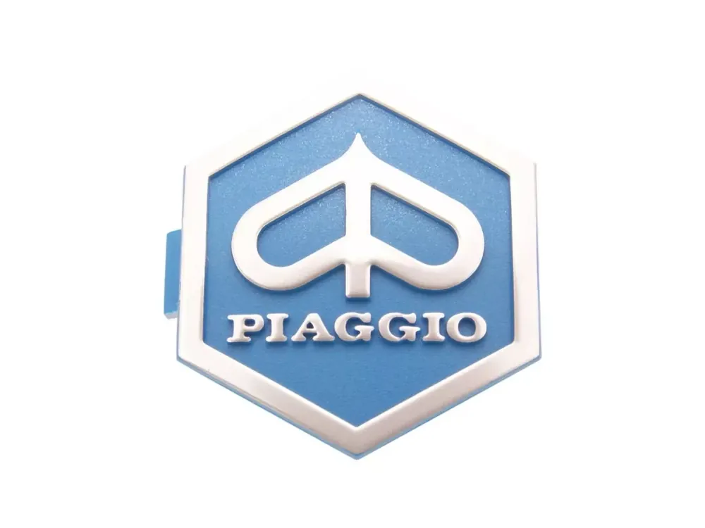 Emblem Piaggio zum Stecken 6-eckig 32x37mm 3D blau / silber Versand Am Gleichen Tag