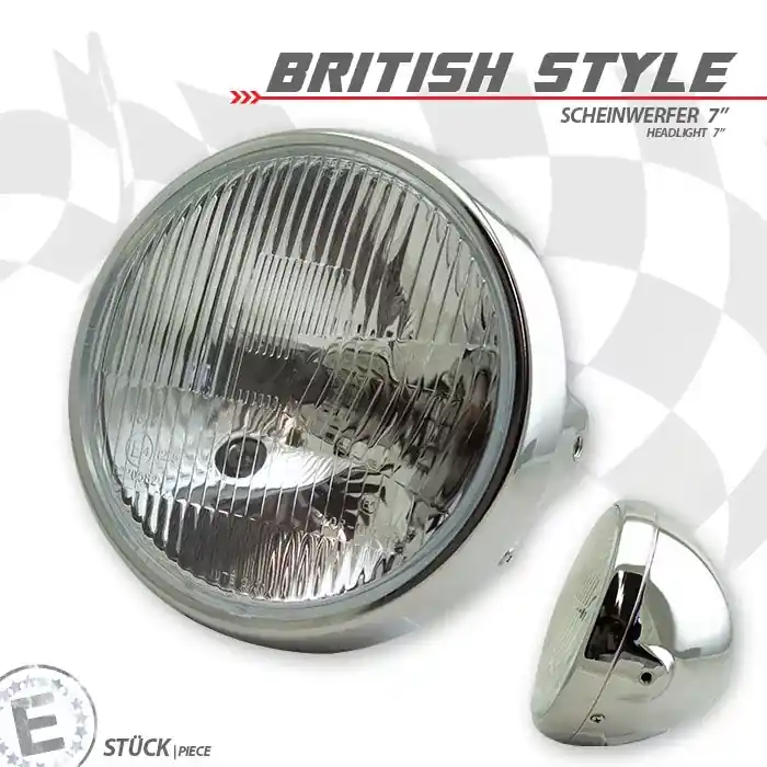 Geprüft H4-Scheinwerfer British Style 7" chrom mit Streuglas und M8 seitlich E-geprüft