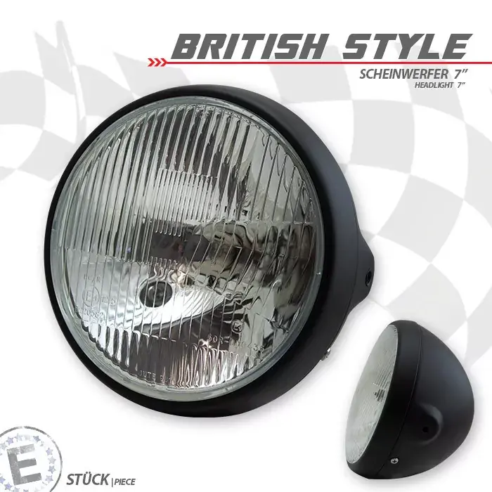 Direkt Vom Hersteller H4-Scheinwerfer "British Style 7" schwarz M8 seitlich mit Streuglas E-geprüft